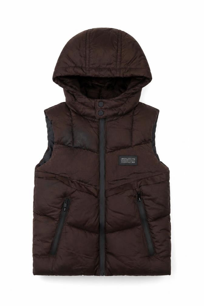 Front view of River Island boys’ brown puffer jacket, 2-3 years, hooded