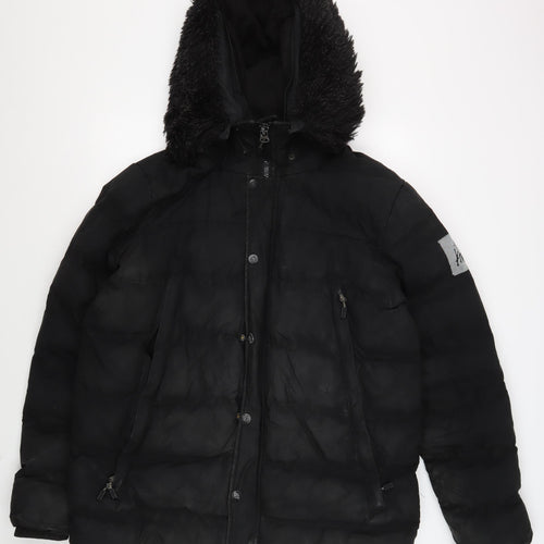 KWD Men's Black Puffer Jacket L Hooded Fur Trim Winter