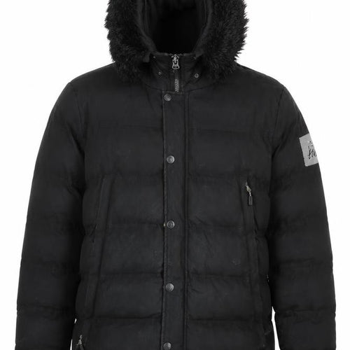 KWD Men's Black Puffer Jacket L Hooded Fur Trim Winter