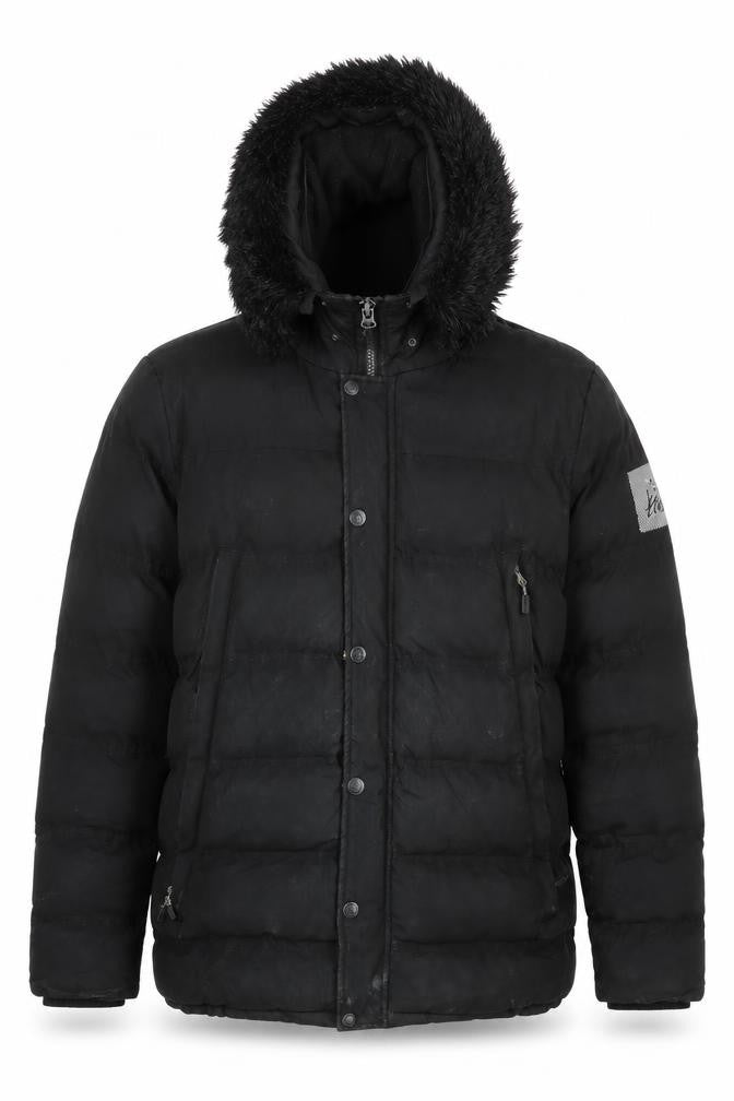KWD Men's Black Puffer Jacket L Hooded Fur Trim Winter