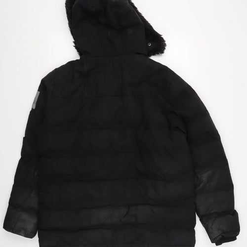 KWD Men's Black Puffer Jacket L Hooded Fur Trim Winter