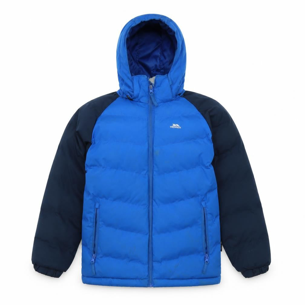 Front view of Trespass boys’ blue puffer jacket 9-10y winter waterproof