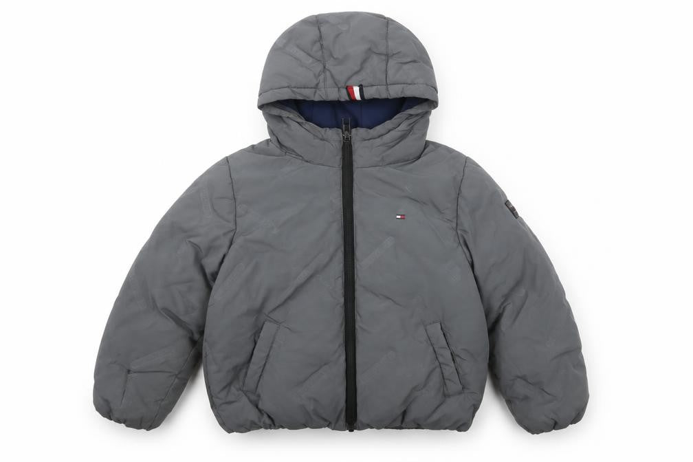 Front view of Tommy Hilfiger boys’ grey hooded puffer jacket, size 110