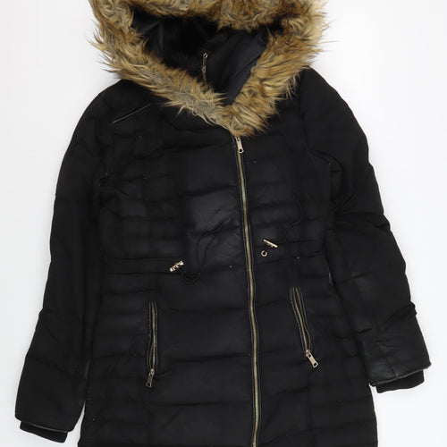 Stradivarius Women's Black Puffer Jacket S with Fur Trim