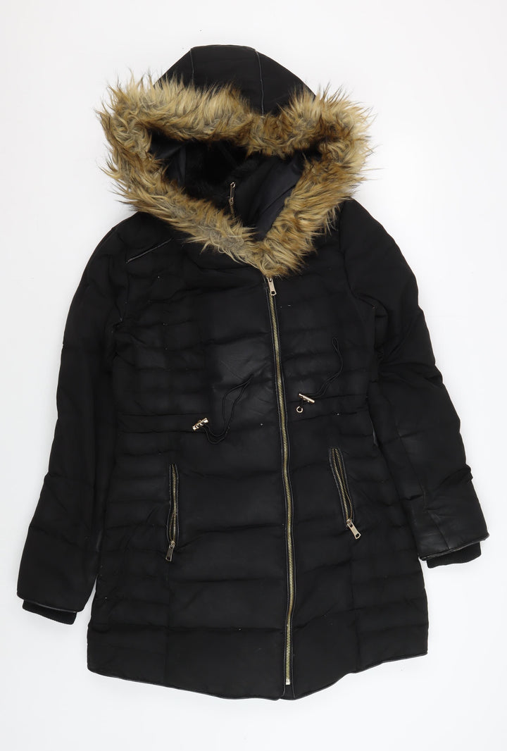 Stradivarius Women's Black Puffer Jacket S with Fur Trim
