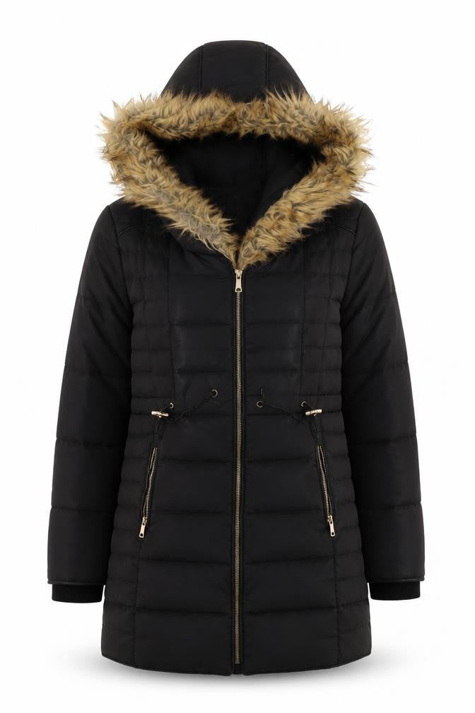 Front view of Stradivarius Women's Black Puffer Jacket S with Fur Trim