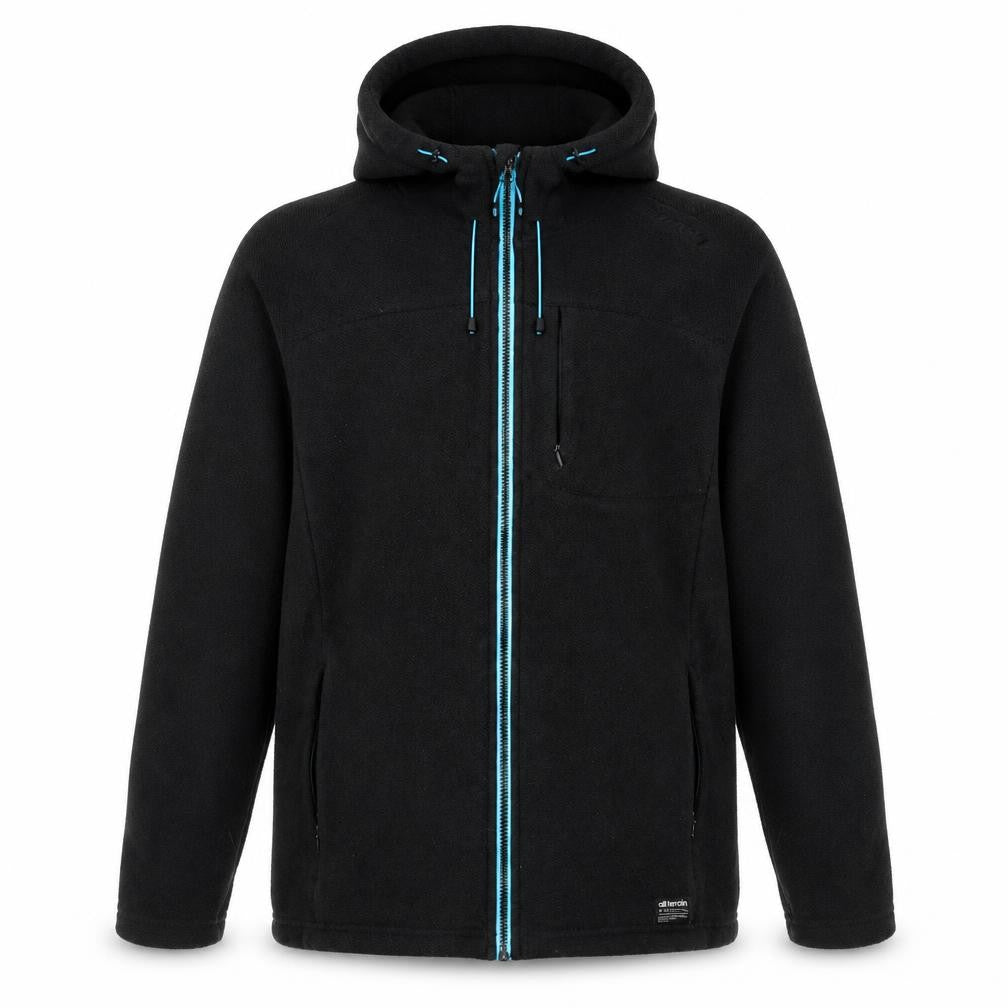 Front view of All Terrain unisex black hooded jacket 16 plus outdoor