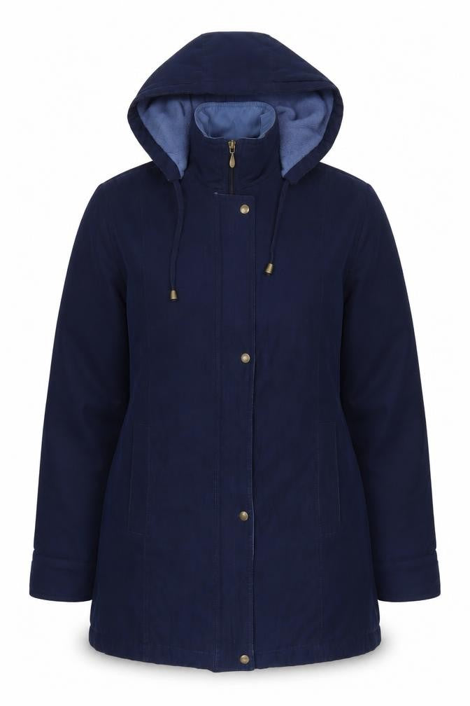 Front view of EWM Blue Hooded Parka Women's Jacket, size 10