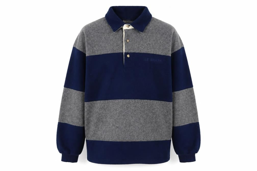 Front view of Le Shark Men's Blue Grey Striped Pullover Sweatshirt S