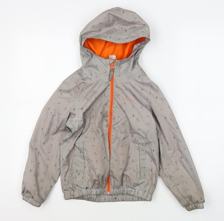 Decathlon Girls' Grey Rain Coat, Size 6, Hooded Outdoor Jacket