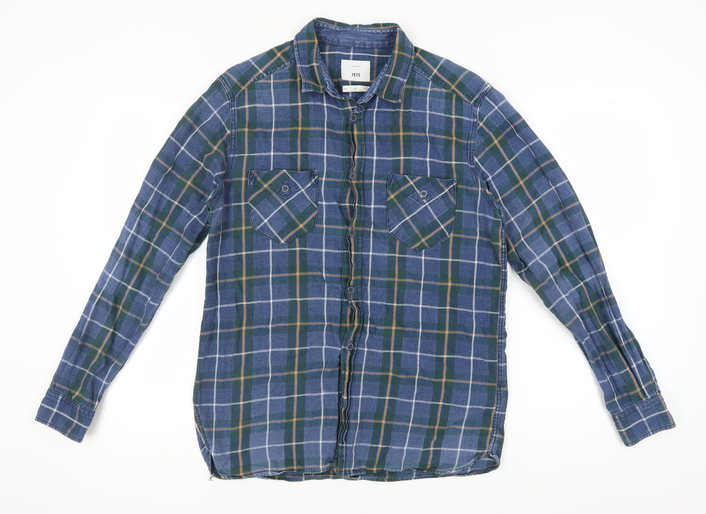 Men's 1975 Blue Plaid Flannel Shirt, Size L, Long Sleeve