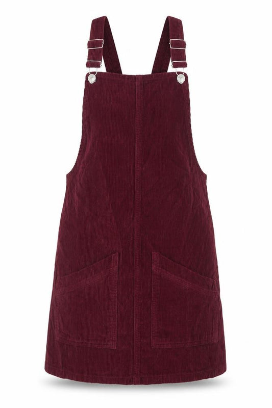 Front view of Topshop Women's Burgundy Corduroy Pinafore Dress, size 6