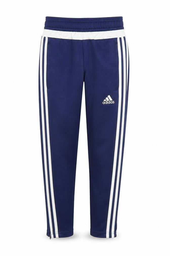 Front view of Adidas boys’ blue track pants 7-8 years with side stripes