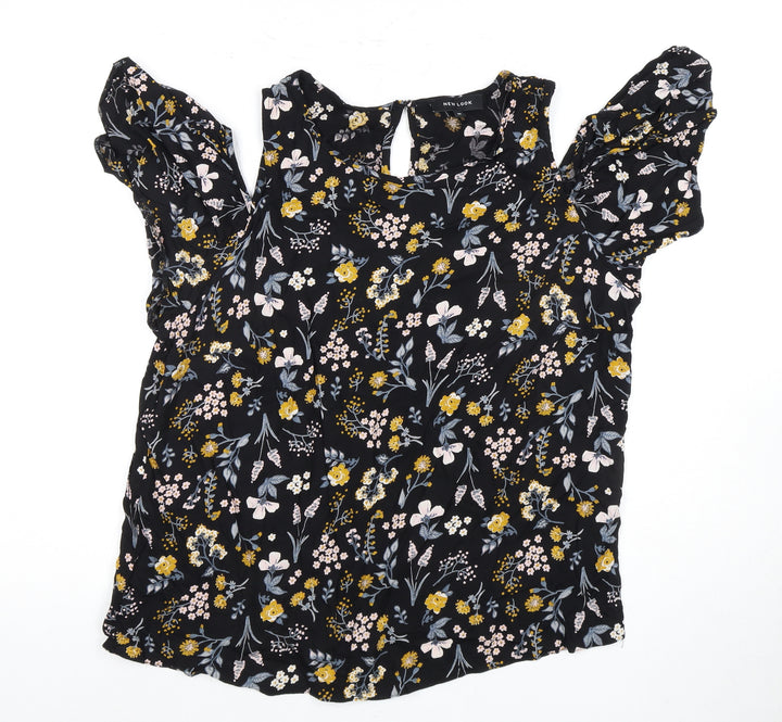 New Look Women's Black Floral Blouse, Size 16, Ruffle Detail