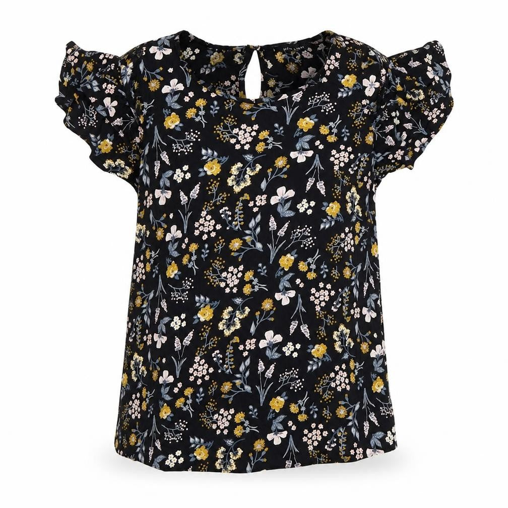 New Look Women's Black Floral Blouse, Size 16, Ruffle Detail