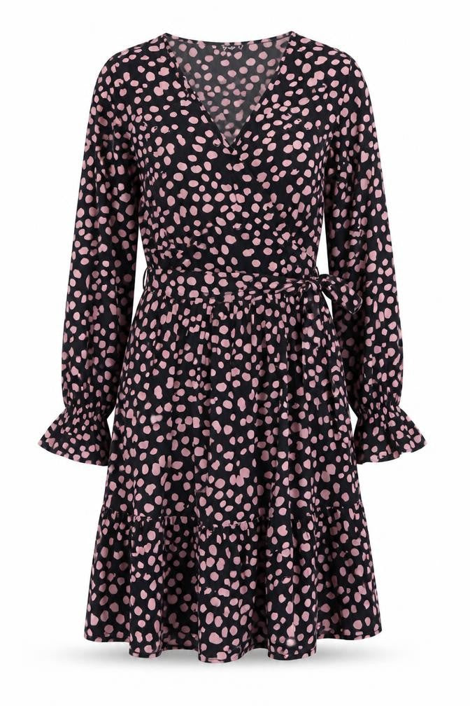 Front view of Quiz Women's Black Polka Dot A-Line Dress, size 6