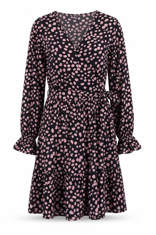 Front view of Quiz Women's Black Polka Dot A-Line Dress, size 6