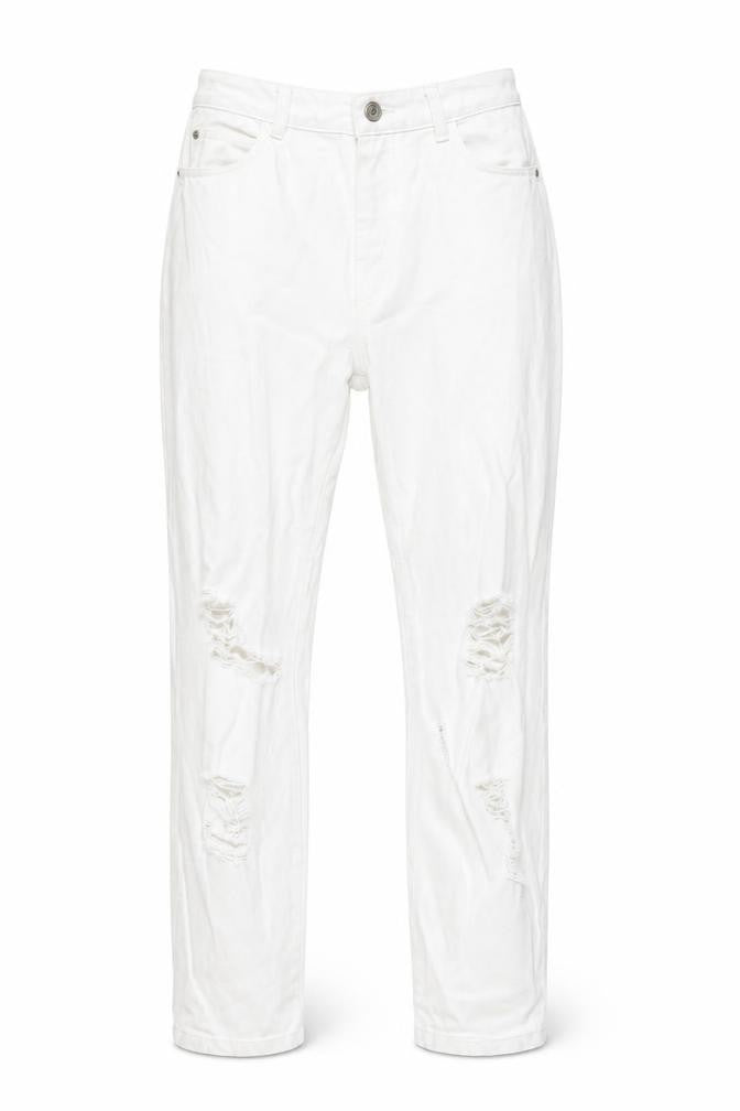 Front view of Topshop Women's White Distressed Mom Jeans, size 8