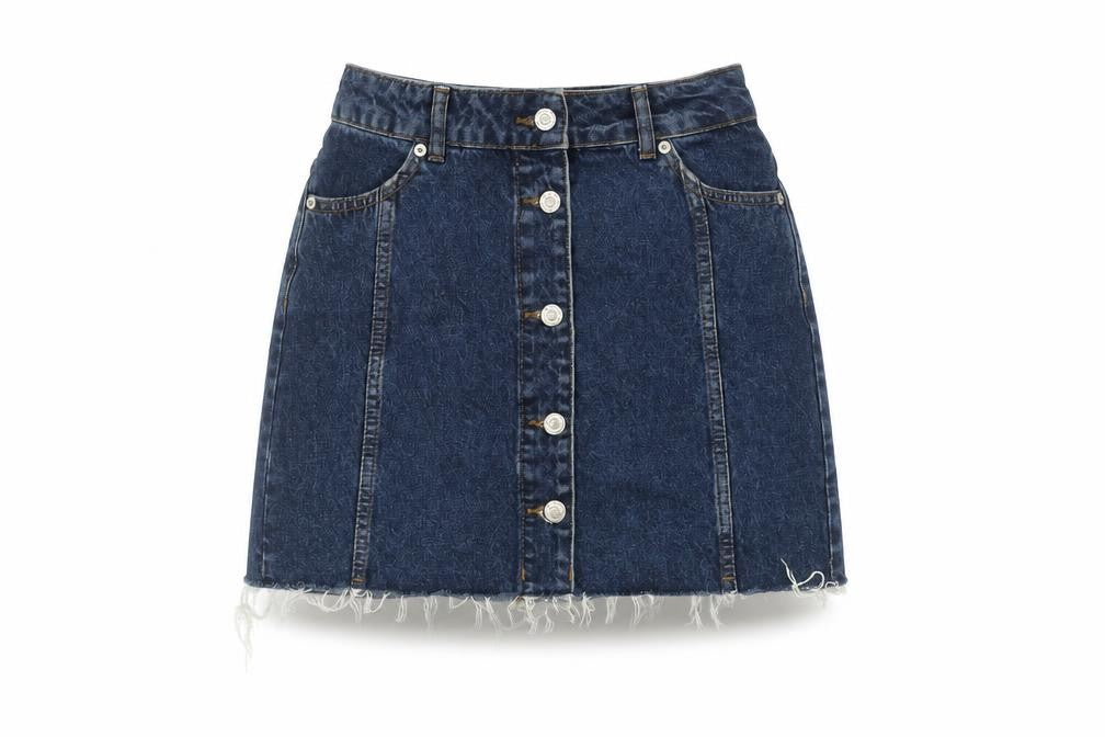 Front view of Topshop Women's Blue Denim Button Skirt, size 8