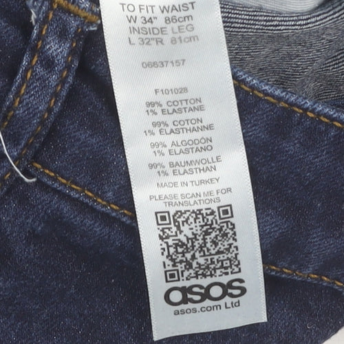 ASOS Men's Blue Skinny Jeans, Size 34, Dark Denim