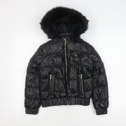 River Island Girls Black Puffer Jacket 9-10 Years with Hood