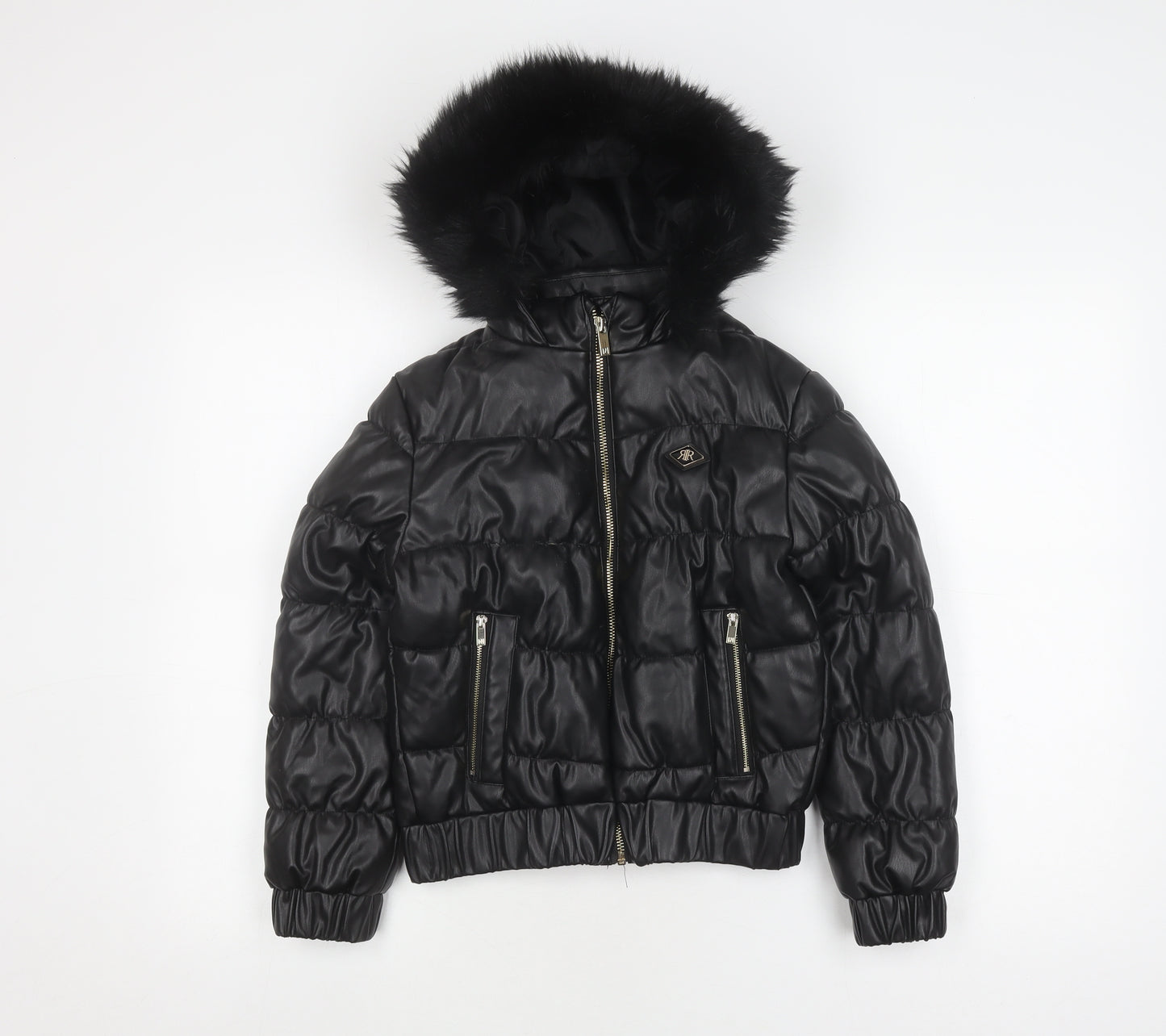 River Island Girls Black Puffer Jacket 9-10 Years with Hood