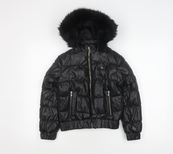 River Island Girls Black Puffer Jacket 9-10 Years with Hood