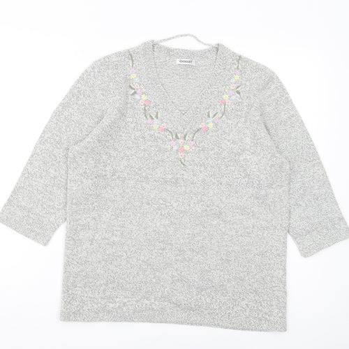 Damart Women's Grey Pullover Jumper M V-Neck 3/4 Sleeve