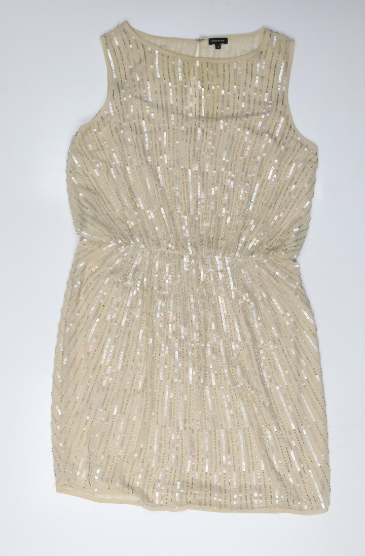River Island Women Beige Short Sequin Sheath Dress Size 16