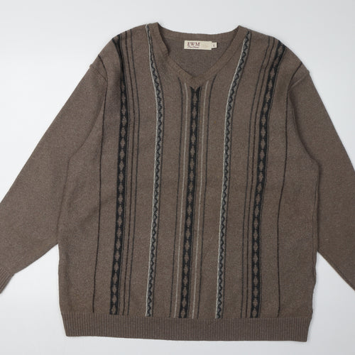 EWM Men's Brown Striped V-Neck Pullover Jumper L