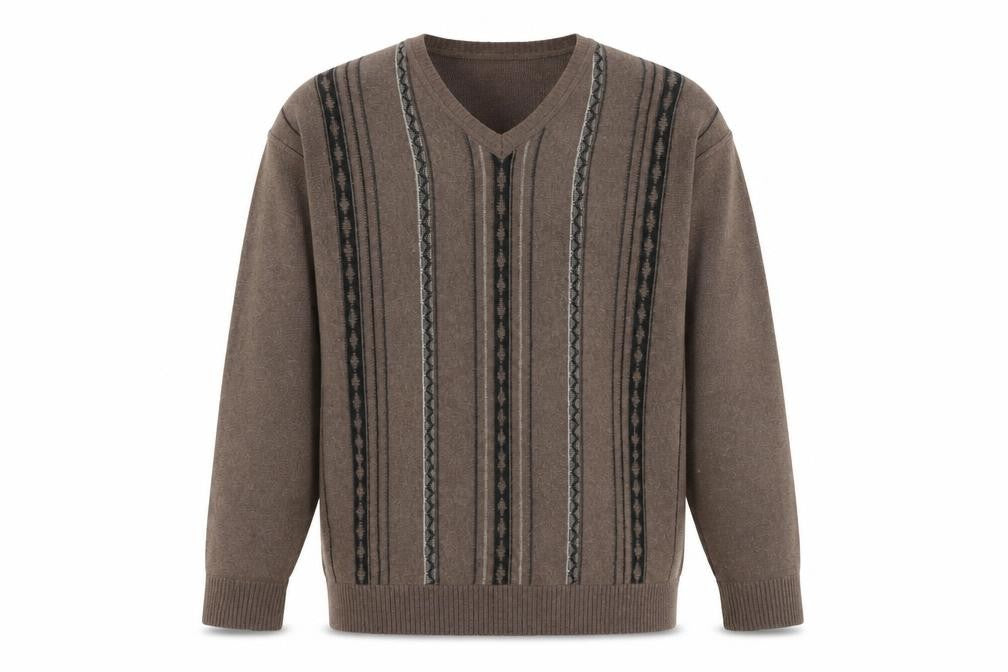 Front view of EWM Men's Brown Striped V-Neck jumper L