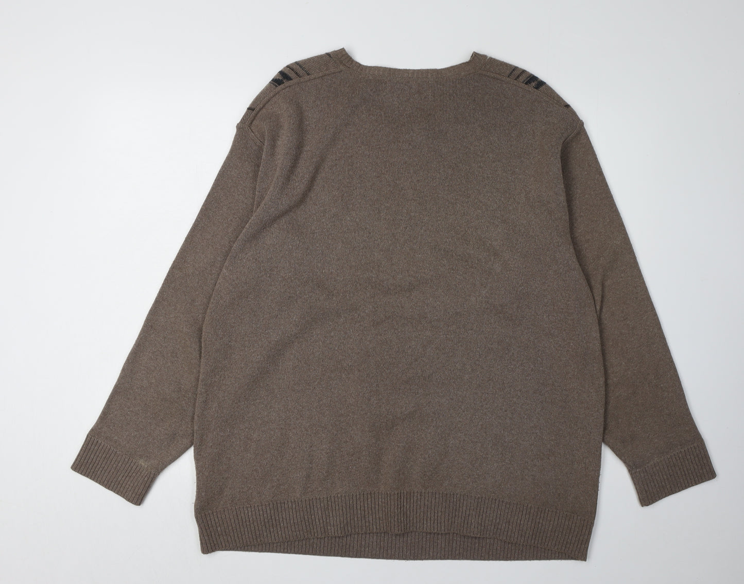EWM Men's Brown Striped V-Neck Pullover Jumper L
