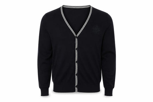 Front view of Ambrose & Jackson Men's Black Cardigan, M, V-Neck, Cotton