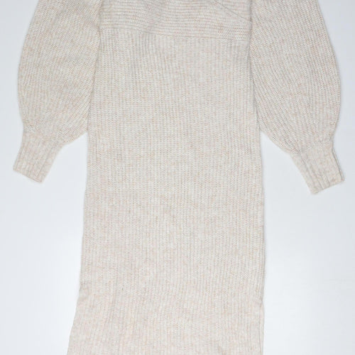 River Island Women Beige M Jumper Dress V-Neck Knit