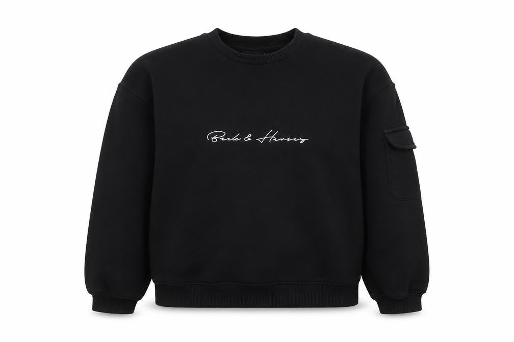 Front view of Beck & Hersey unisex black sweatshirt, size 6