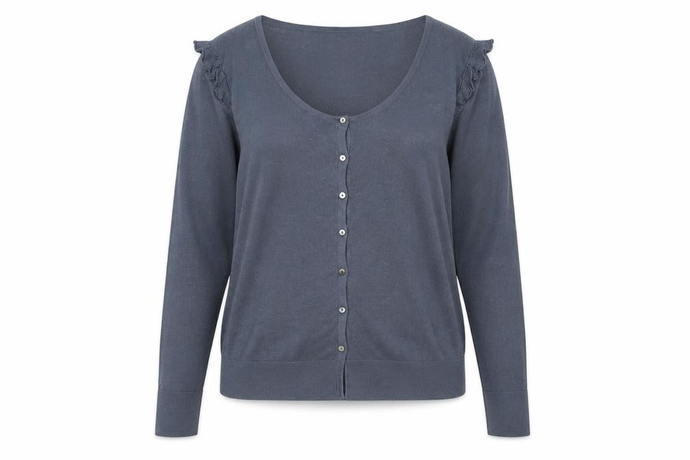 Front view of Great Plains Women's Blue XL Ruffle Cardigan