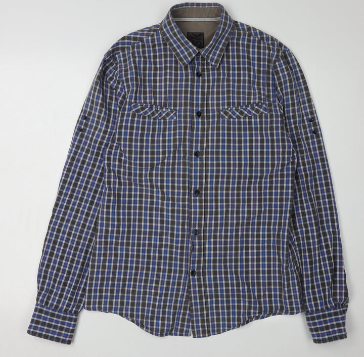 Bershka Men's Blue Check Long Sleeve Shirt M