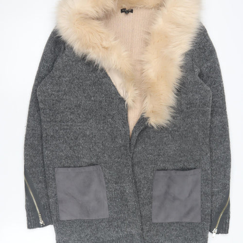 River Island Women's Grey Faux Fur Trim Coatigan Size 10