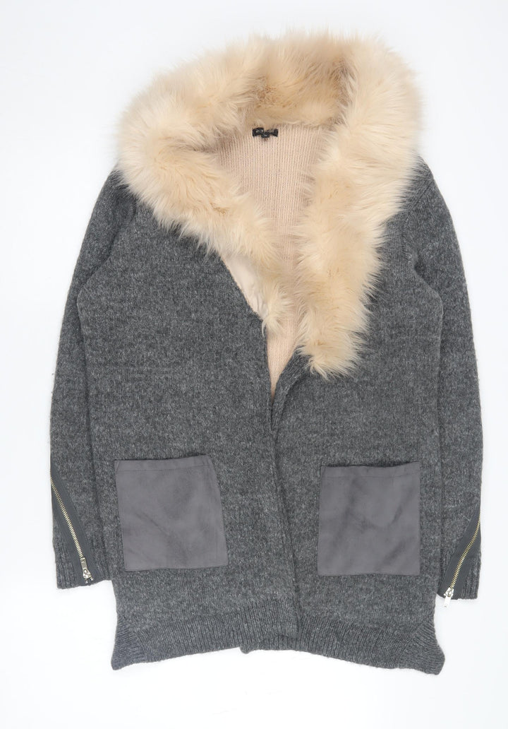 River Island Women's Grey Faux Fur Trim Coatigan Size 10