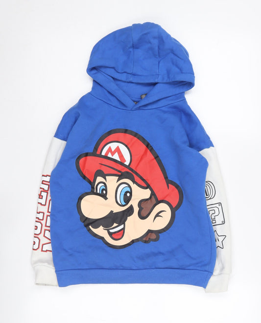 Front view of Super Mario boys’ blue pullover hoodie 7-8 years graphic print