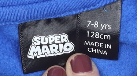 Super Mario Boys Blue Pullover Hoodie 7-8 Years Graphic Print