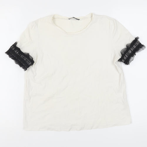 Zara Women's White Cotton T-Shirt, Size M, Ruffle Sleeve