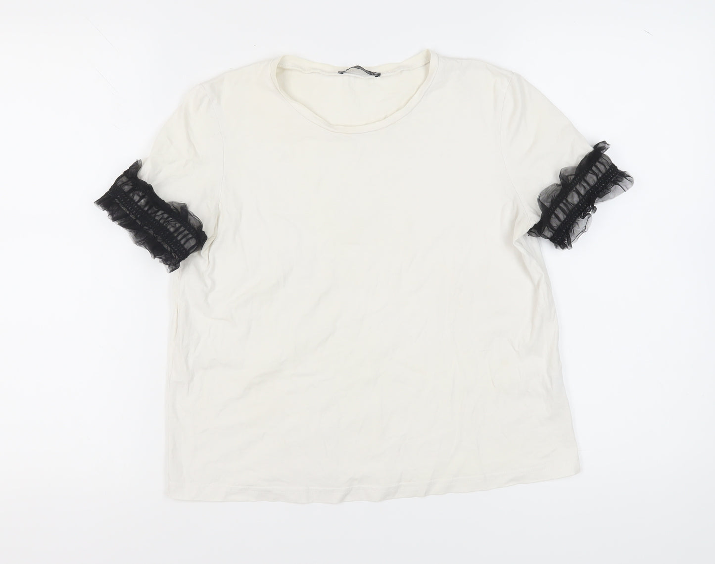Zara Women's White Cotton T-Shirt, Size M, Ruffle Sleeve