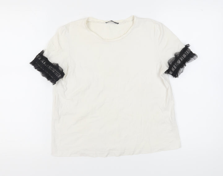 Zara Women's White Cotton T-Shirt, Size M, Ruffle Sleeve