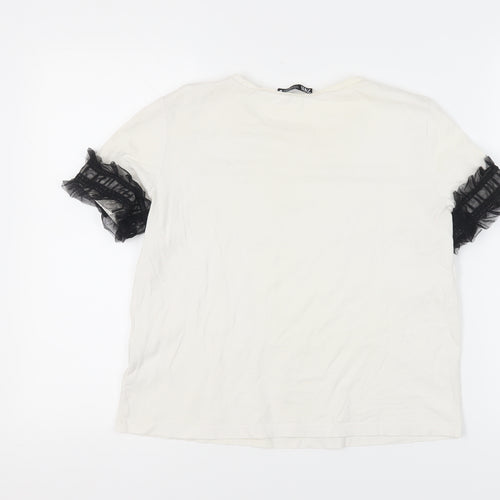 Zara Women's White Cotton T-Shirt, Size M, Ruffle Sleeve