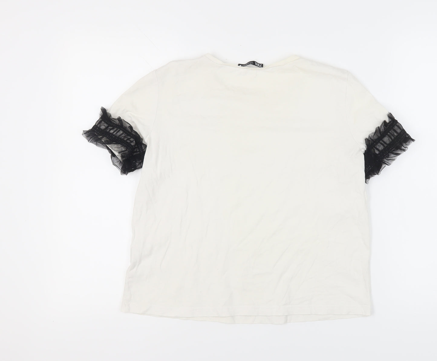 Zara Women's White Cotton T-Shirt, Size M, Ruffle Sleeve