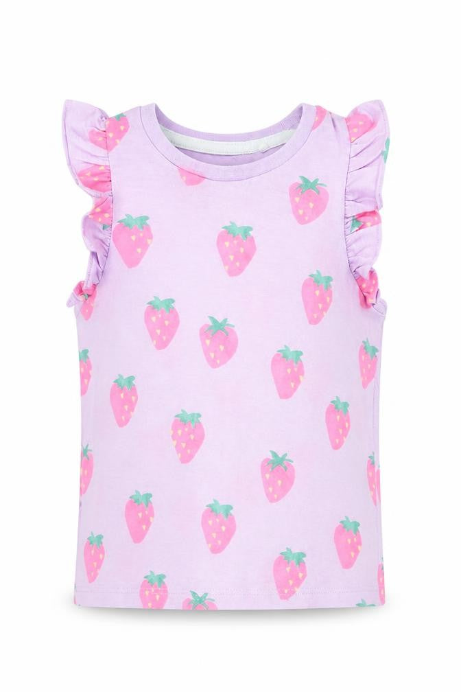 Front view of Marks & Spencer girls’' purple fruit print tank, size 3-4