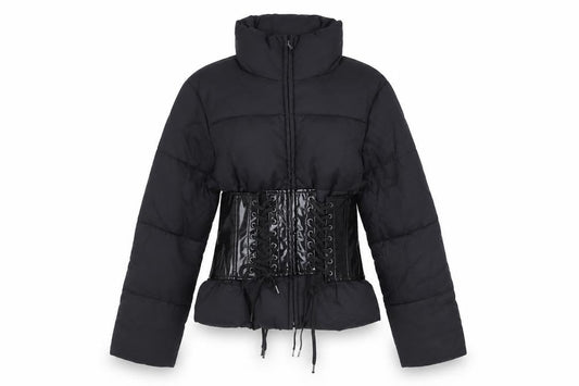 Front view of ASOS Women's Black Puffer Jacket, size 8, Winter Style