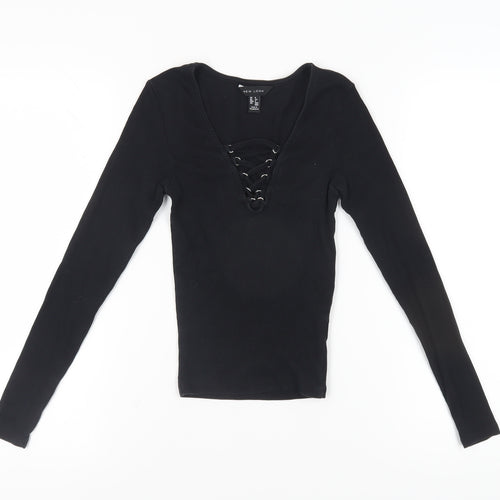 New Look Women's Black Lace-Up V-Neck Long Sleeve Top