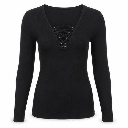 New Look Women's Black Lace-Up V-Neck Long Sleeve Top